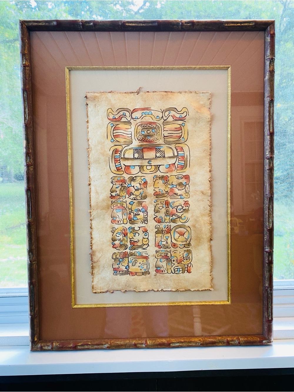 Vintage Mexican Folk Art , Framed CECIJEMA Mayan Calendar Art